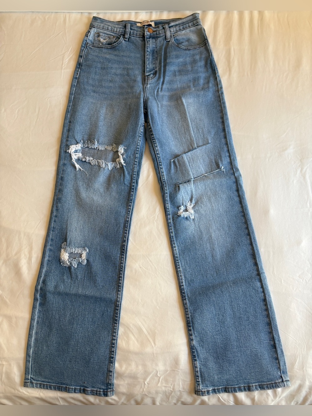 Vibrant Light Wash Distressed High Waist Straight Leg Jeans Grunge Streetwear